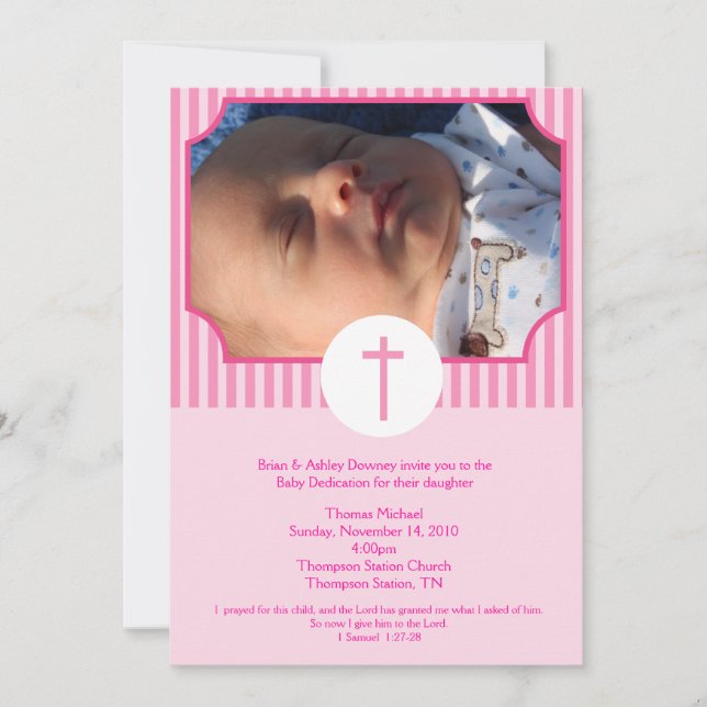 Invitation Pink Stripe Baptism Dédication bébé 5x7 photo (Devant)