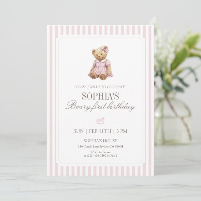 Invitation Pink Stripe Beary First Birthday Girl Teddy Bear (Debout devant)