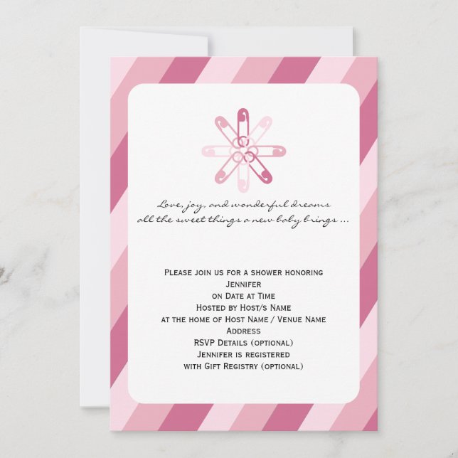 Invitation Pink Stripe Bébé Pin Bébé Douche Fille (Devant)