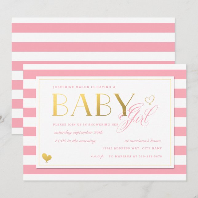 Invitation Pink Stripe Faux Gold Baby Girls Douche (Devant / Derrière)
