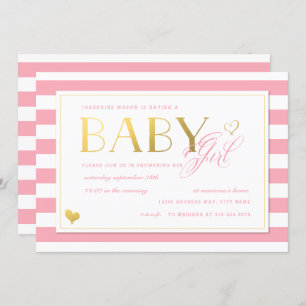 Invitation Pink Stripe Faux Gold Baby Girls Douche