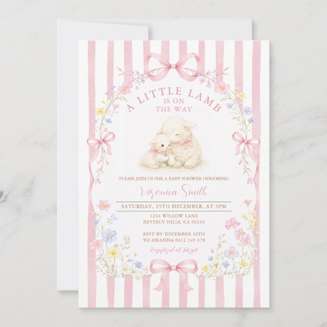 Invitation Pink Stripe Little Lamb Baby Shower Floral (Devant)