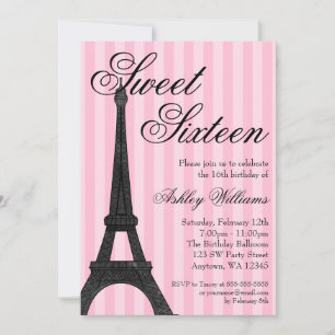 Invitation Pink Stripe Paris Thématique Sweet 16 Anniversaire
