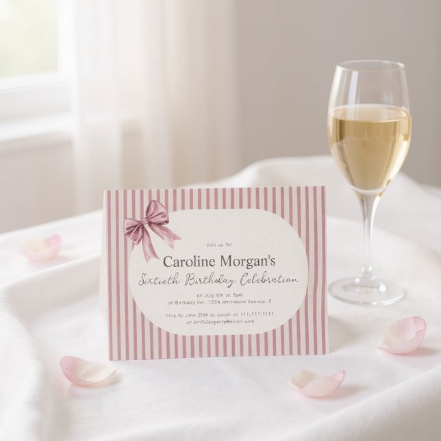 Invitation Pink Striped Bow 60th Birthday Celebration  (Créateur téléchargé)