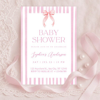 Invitation Pink Striped Bow Baby Shower