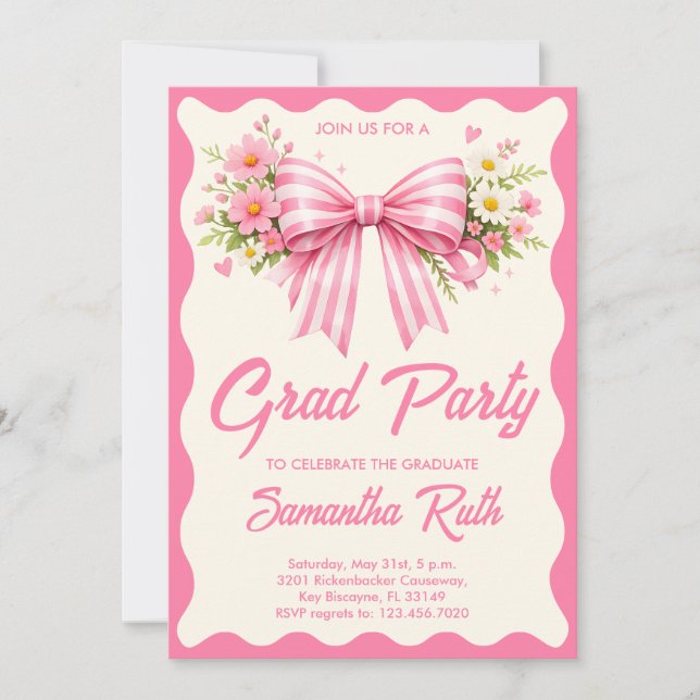 Invitation Pink Striped Bows & Ribbons Graduation Party (Devant)