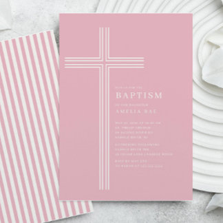 Invitation Pink Striped Cross Baptism