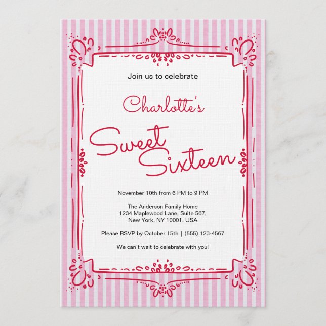 Invitation Pink Striped Glam Princess Sweet 16 Party  (Devant)