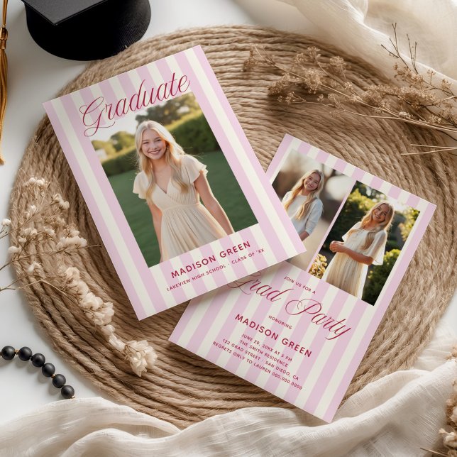 Invitation Pink Striped Preppy Graduation (Créateur téléchargé)