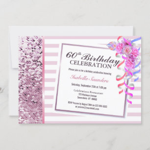 Invitation Pink Stripes and Sequins 60e fête d'anniversaire