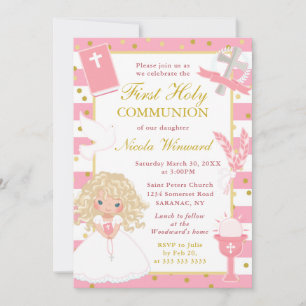 Invitation Pink Stripes Blonde Hair Girl First Holy Communion
