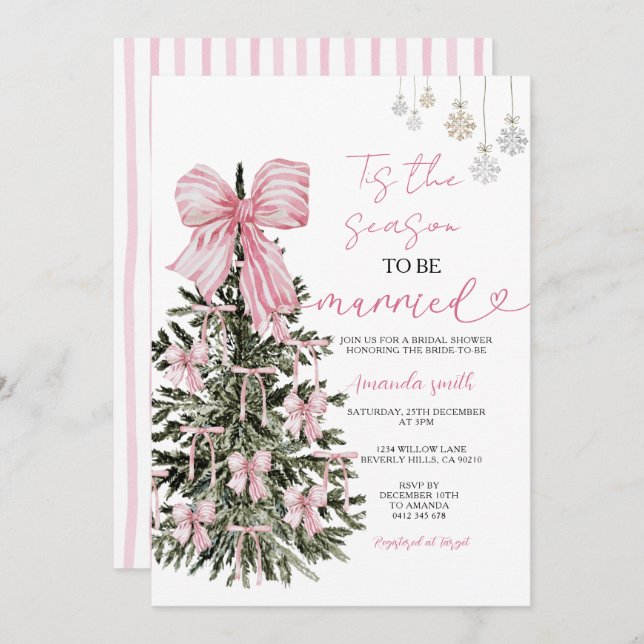 Invitation Pink Stripes Bow Christmas Tree Couple Wedding (Devant / Derrière)