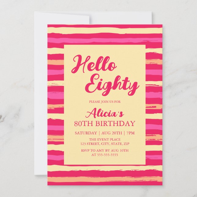 Invitation Pink Stripes Coloré Bonjour 80 Fille Anniversaire (Devant)