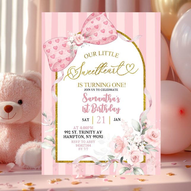 Invitation Pink Stripes Coquette Sweetheart First Birthday (Créateur téléchargé)