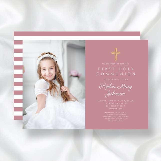 Invitation Pink Stripes Cross Girl First Communion Photo (Pink Stripes Cross Girl First Communion Photo Invitation)