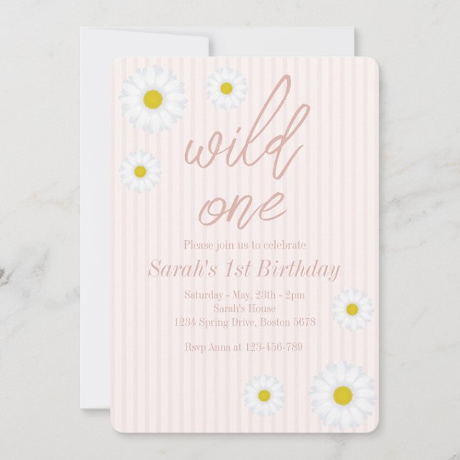 Invitation Pink Stripes, Daisy 1er Anniversaire Fête Wild One (Devant)