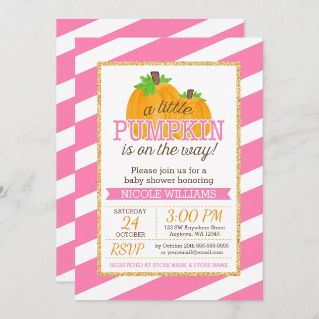 Invitation Pink Stripes Gold Little Citrouille Baby shower d' (Devant / Derrière)