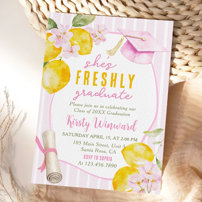 Invitation Pink Stripes Lemons and Flowers Graduation (Créateur téléchargé)