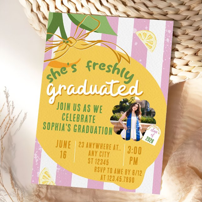 Invitation Pink Stripes Lemons Photo Graduation Invitat (Créateur téléchargé)