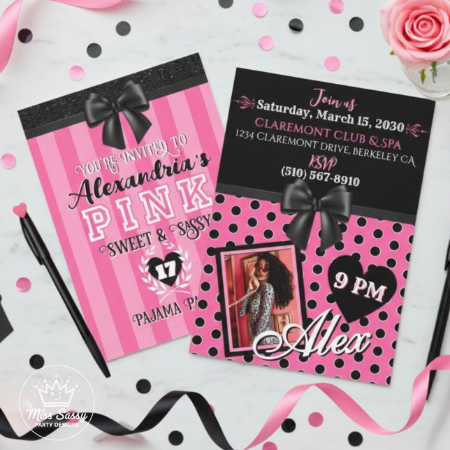 Invitation PINK Stripes Noir Anniversaire Fête N'importe quel (Top-down view of Pink Stripes Black Birthday Invitation showing front and back, pink and black color)