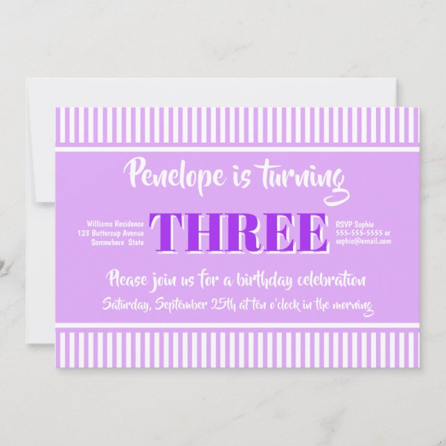 Invitation Pink Stripes Purple 3e fête d'anniversaire (Devant)