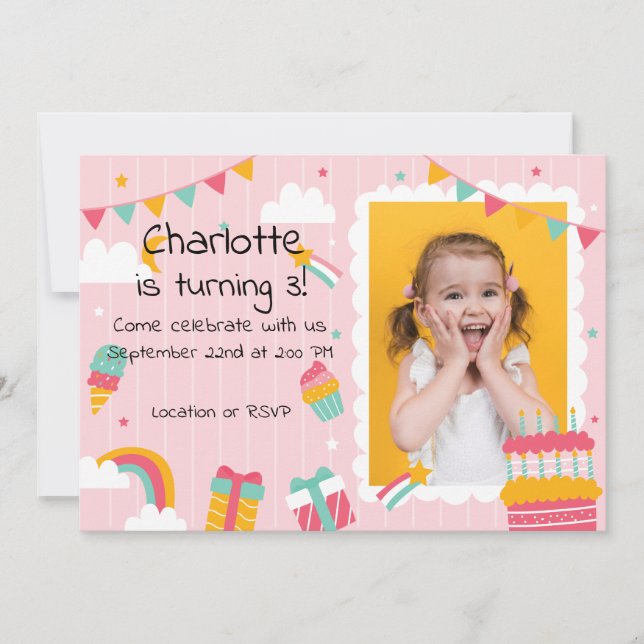 Invitation Pink Stripes Rainbows et Cake Anniversaire (Devant)