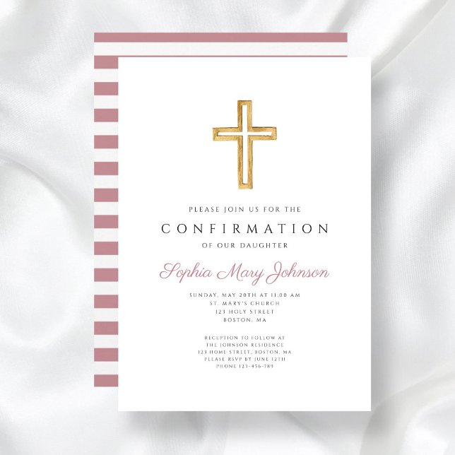 Invitation Pink Stripes Religious Cross Girl Confirmation (Pink Stripes Religious Cross Girl Confirmation Invitation)