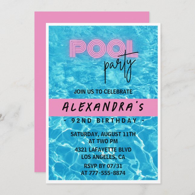 Invitation Pink Summer Pool fête 92e anniversaire (Devant / Derrière)