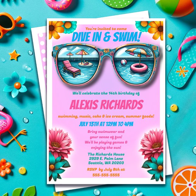 Invitation Pink Summer Splash Anniversaire Pool Party Invitat (Pink Summer Splash Birthday Pool Party Invitation)