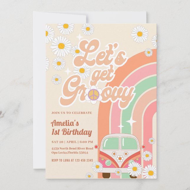 Invitation Pink Super Van Daisy Rainbow Hippie Anniversaire (Devant)