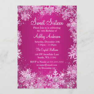 Invitation Pink Sweet 16 Winter Wonderland Sparkle Snowflakes