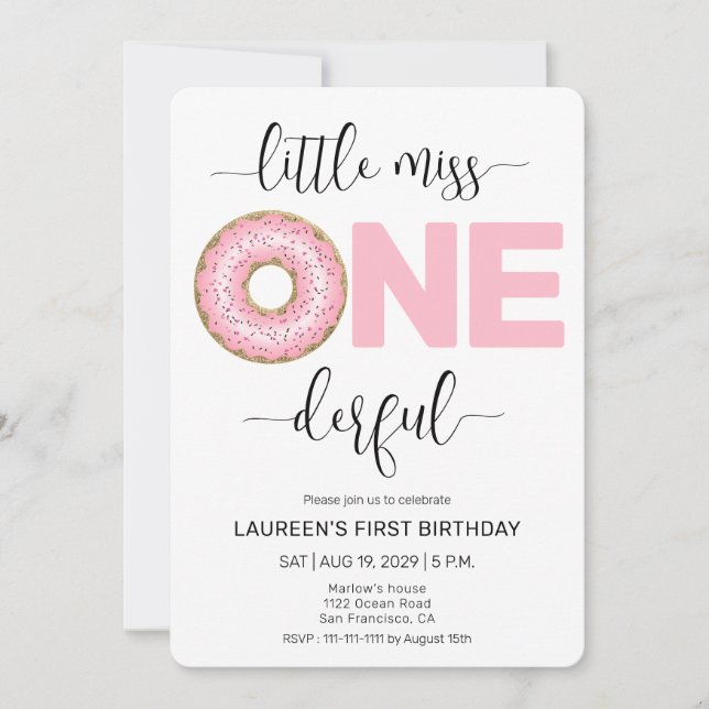 Invitation Pink Sweet Little MIss 1st Birthday Rounded Edges (Devant)