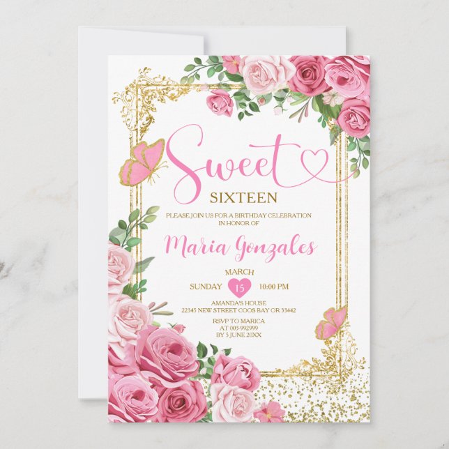Invitation Pink Sweet sixteen Gold 16e Fête d'anniversaire fi (Devant)