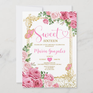 Invitation Pink Sweet sixteen Gold 16e Fête d'anniversaire fi