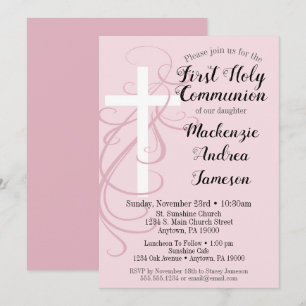 Invitation Pink Swirl Cross première communion sainte Invitat