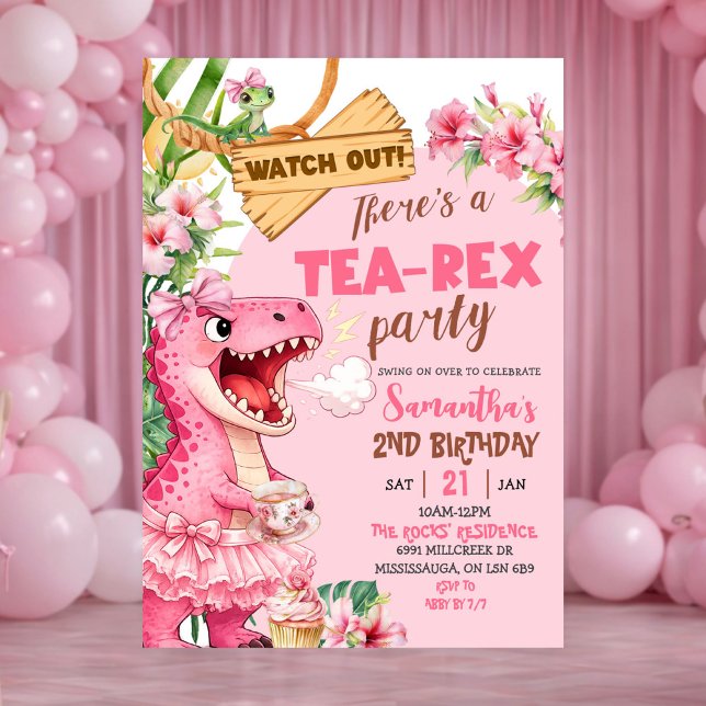 Invitation Pink Tea Rex On The Loose Girl Birthday (Créateur téléchargé)