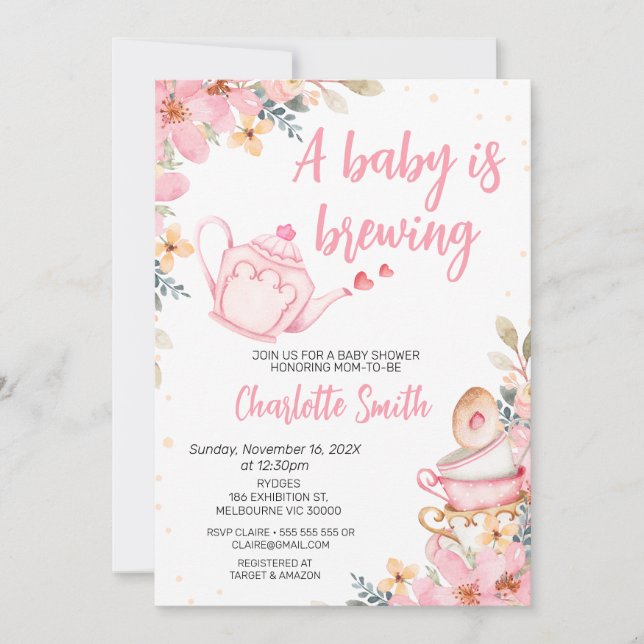 Invitation Pink Teapot Floral Baby est en train de brasser Ba (Devant)