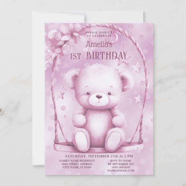 Invitation Pink Teddy Bear 1er anniversaire (Devant)