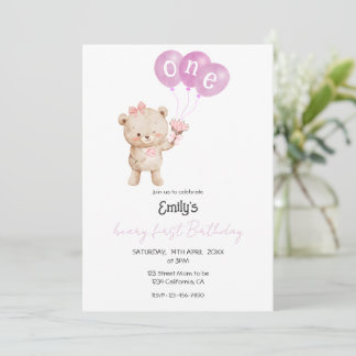 Invitation Pink Teddy Bear 1st Birthday Party for Girl