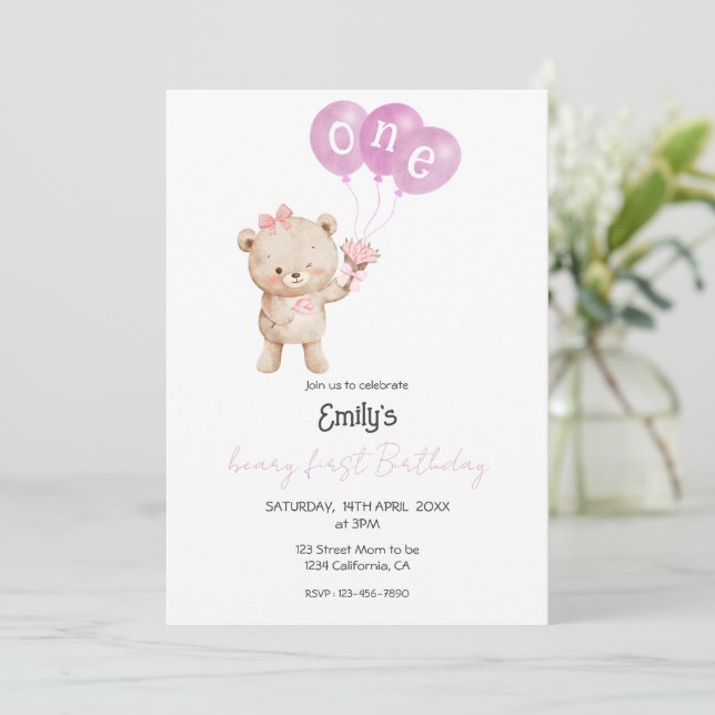 Invitation Pink Teddy Bear 1st Birthday Party for Girl (Debout devant)