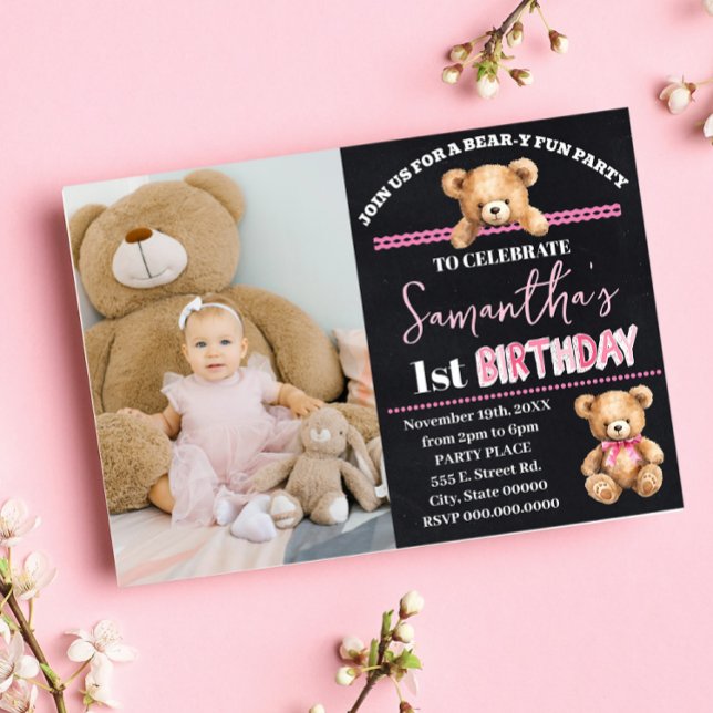Invitation Pink Teddy Bear Anniversaire Beary Fun Anniversair (Créateur téléchargé)
