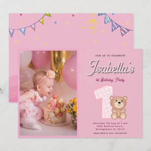 Invitation Pink Teddy Bear Baby Girl 1er anniversaire