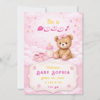 Invitation Pink Teddy Bear Baby Girl Birth Announcement Card