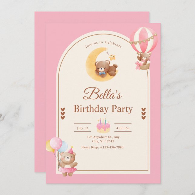 Invitation Pink Teddy Bear Birthday Invitation, Girl Birthday (Devant / Derrière)