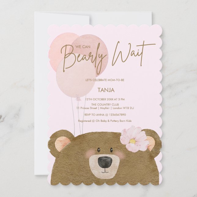 Invitation Pink Teddy Nous Pouvons Attendre Jeune Fille Baby  (Devant)