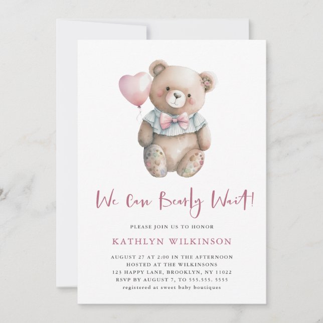 Invitation Pink Teddy Nous Pouvons Attendre Un Baby shower Fi (Devant)