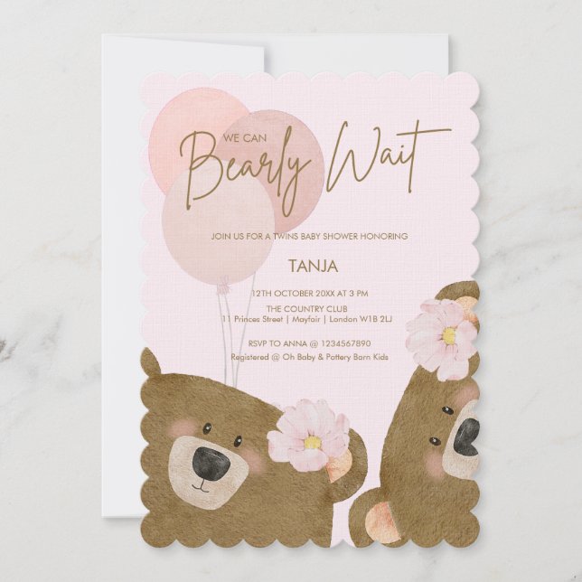 Invitation Pink Teddy On Peut Attendre Baby shower Twins (Devant)