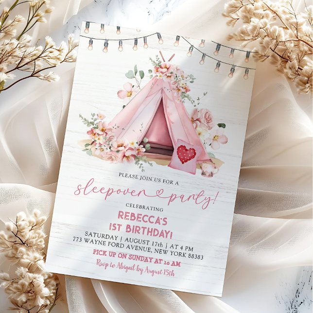 Invitation Pink Teepee Slepover Tente extérieure Anniversaire (Créateur téléchargé)