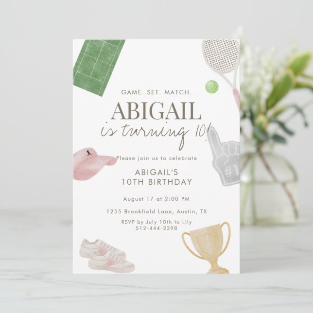 Invitation Pink Tennis 10th Birthday Party for Girls Preppy  (Debout devant)