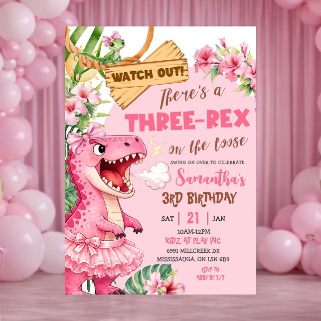 Invitation Pink Three Rex On The Loose Third Birthday (Créateur téléchargé)